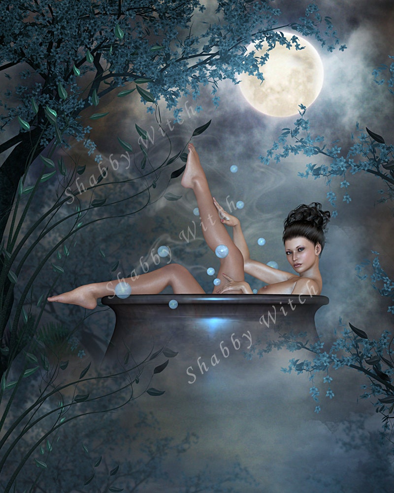 Nude Witch in Cauldron, Witch in bubble Bath, Art Print