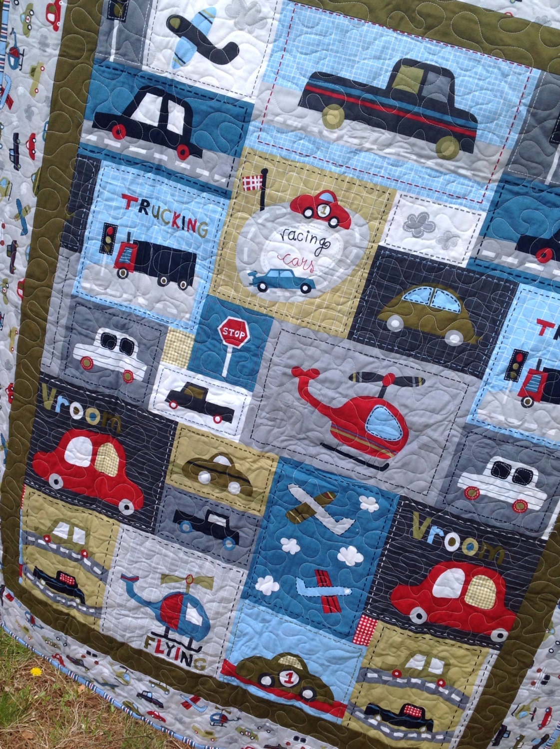 Baby boy crib quilt -- Vroom cars, trucks, blue, grey green white, red 