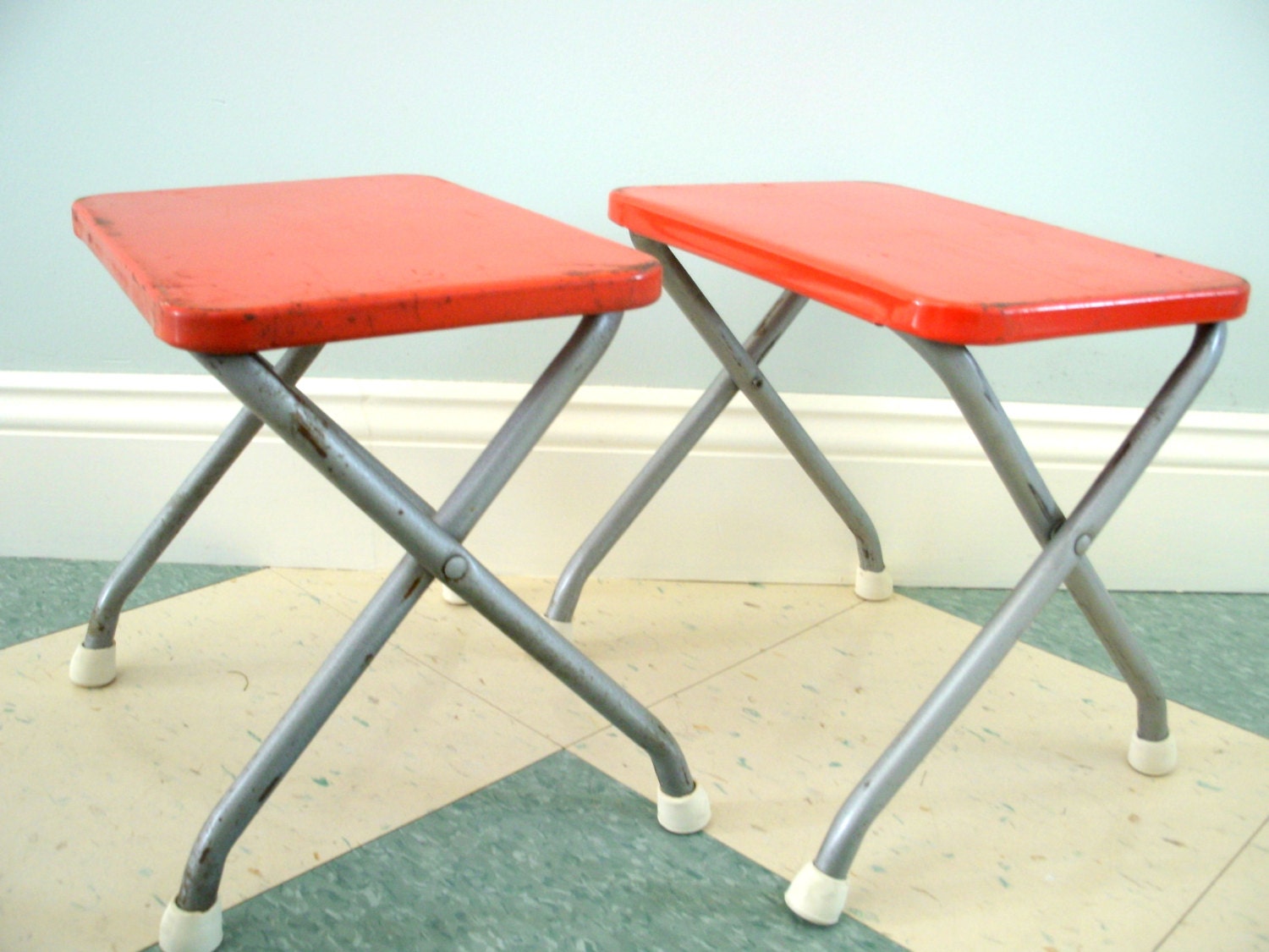 Vintage Camping Stools Red Folding Metal Set of Two Matching Step Stools