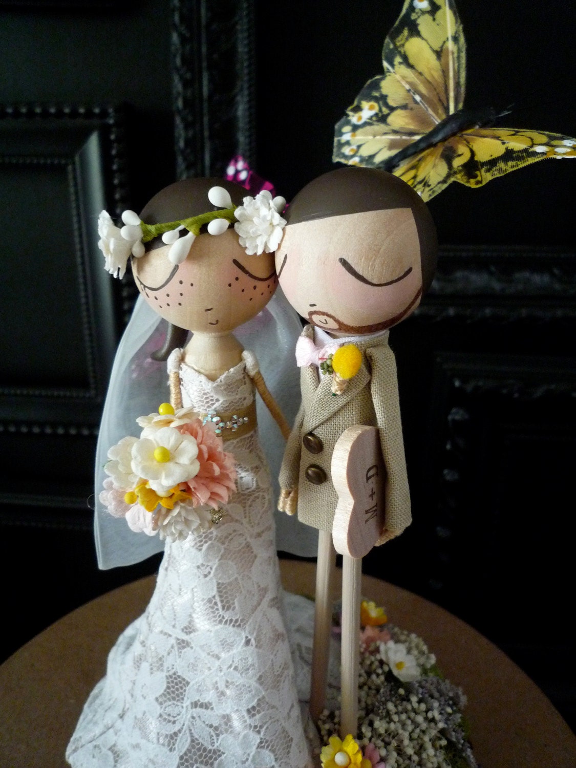 Wedding Cake Topper with Custom Wedding Dress and Butterfly Background - Custom Keepsake by MilkTea