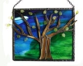 Stained glass Spring tree suncatcher panel blue green unique window art home decor