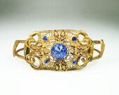 Antique Art Deco Sapphire Blue Crystal Gilt Filigree Metal Hinged Bracelet