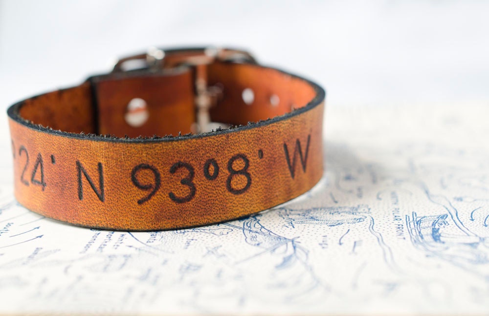 Latitude and Longitude Leather Cuff with Adjustable Buckle