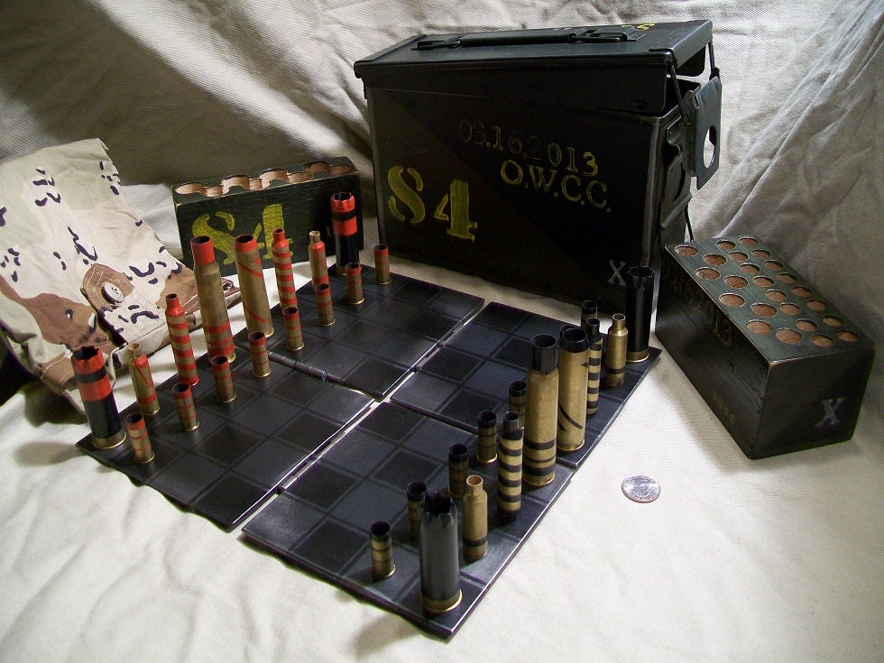 BULLET SHELL Chess Set -with Ammo box storage and folding steel board