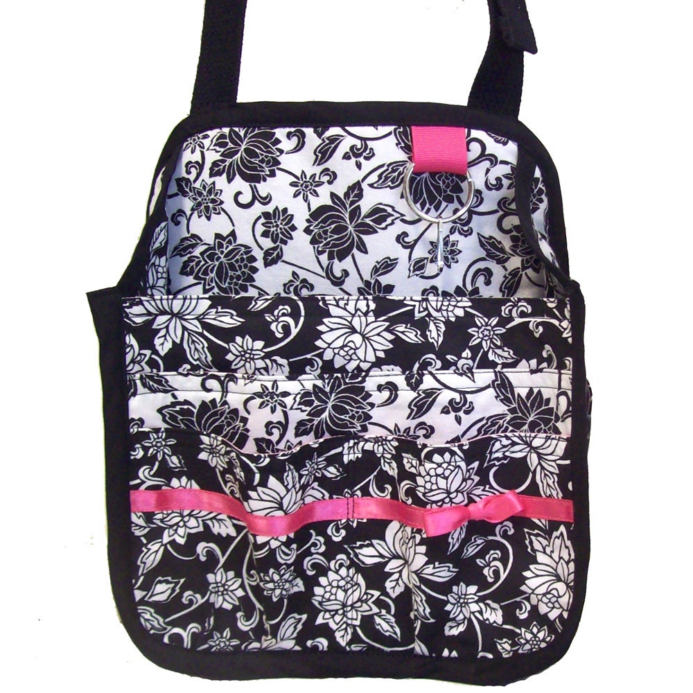 Hanging Car Organizer in black and white brocade prints