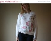 60% OFF SALE 80s Pastel Knit Top / Awesome Little Sweater / Thick Knit / Colors and Shapes and Flowers Top / Winter Knitwear / Size Medium