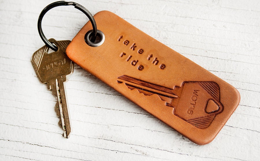 Take the Ride keychain - Vintage Key Impression -  Leather Key ring - roadtrip travel tags - Custom stain color