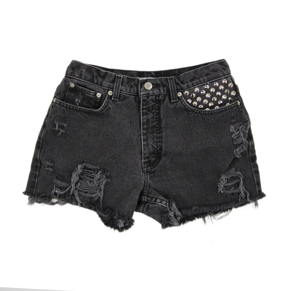 Studded Shorts / Black Vintage High Waisted Denim Shorts Cut Offs / 28 Waist / Hipster Urban Outfitters Style