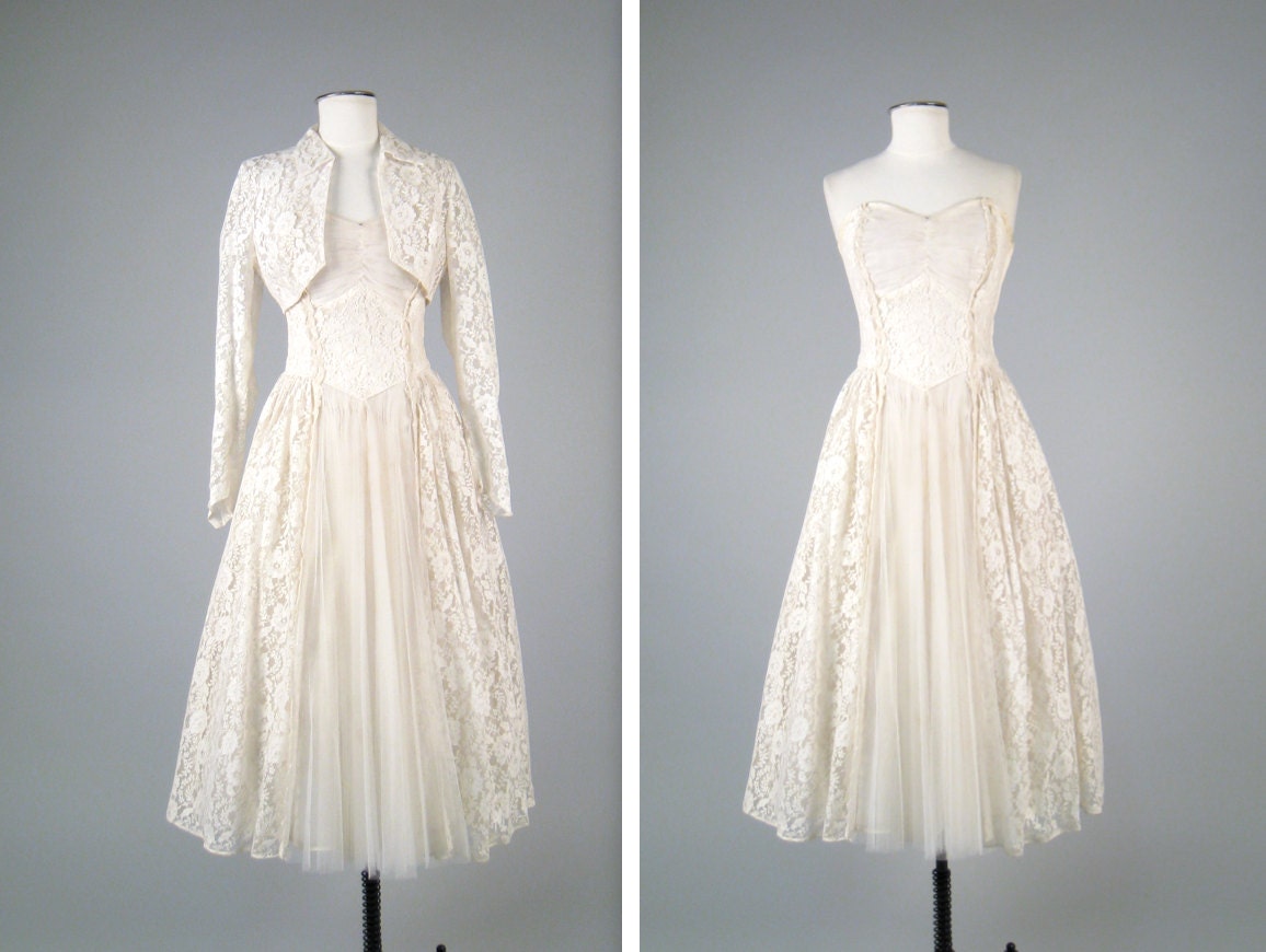 Vintage 1950s strapless lace wedding gown with matching bolero jacket