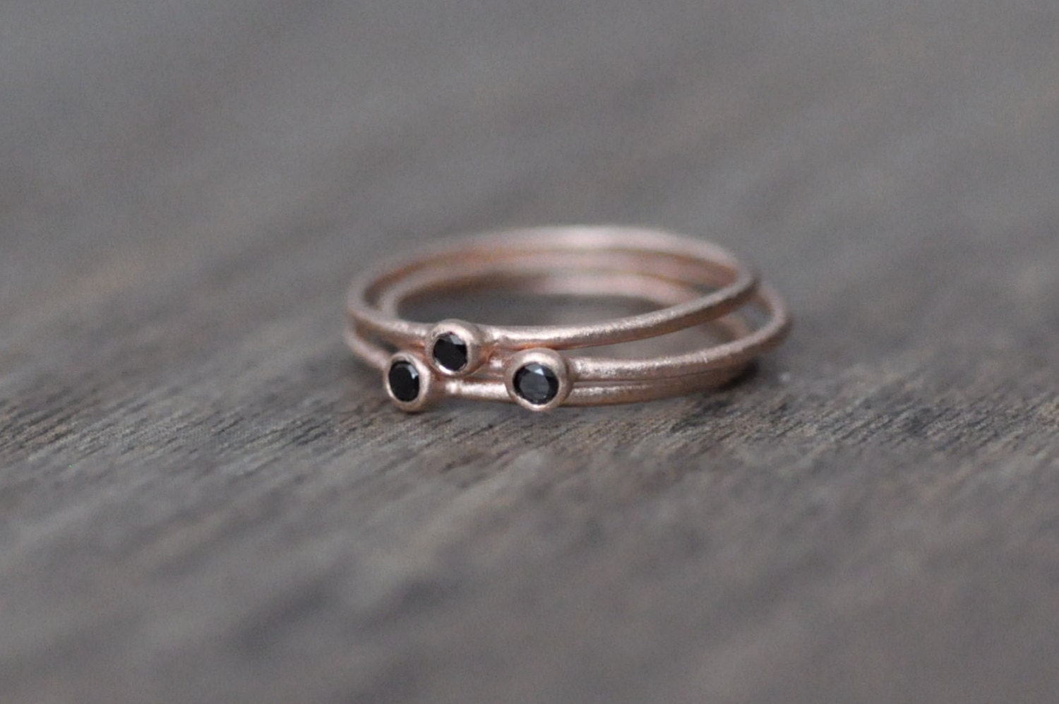 Set of Three Black Diamond and Rose Gold Rings, .03 Carat Black Diamond, 14 Karat Rose Gold, Free Shipping