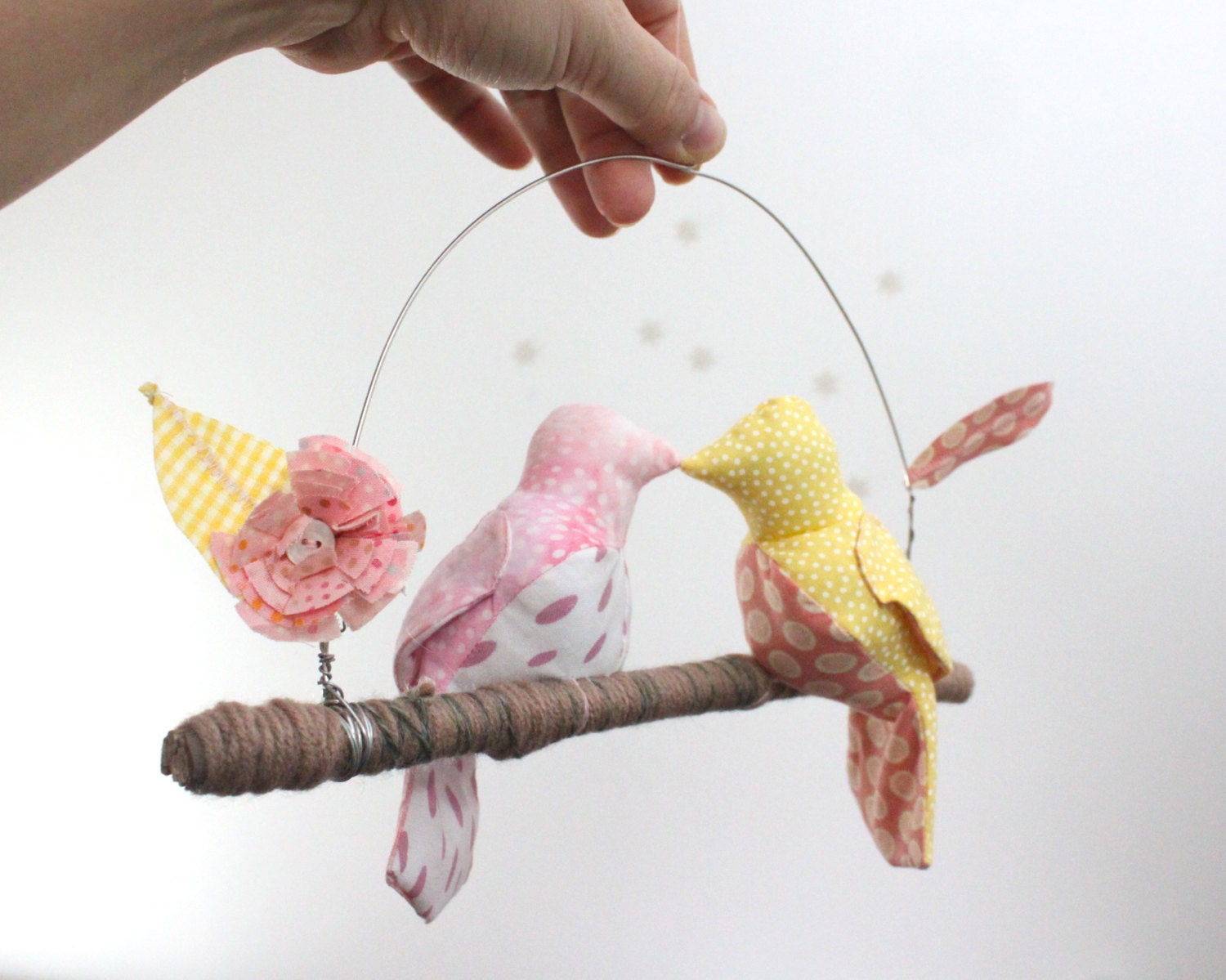Custom 2 Lovebirds Mobile - K-I-S-S-I-N-G - fabric mobile on yarn wrapped perch