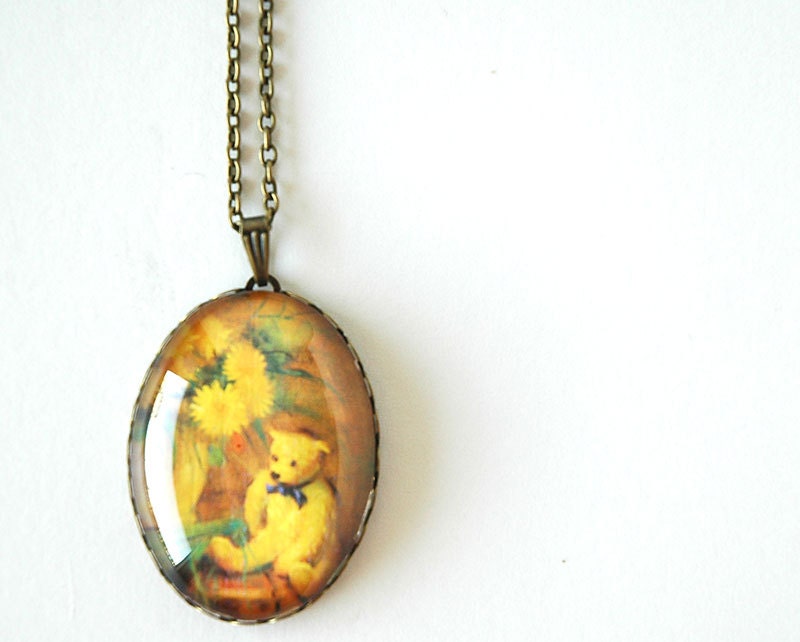 Vintage Storybook Necklace - Teddy Bear - 40x30 Glass Pendant