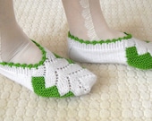 Women socks, Handmade Slippers, Turkish Knitted Slippers, Authentic footwear, Stylish foot wear, White and Grass Green Slippers