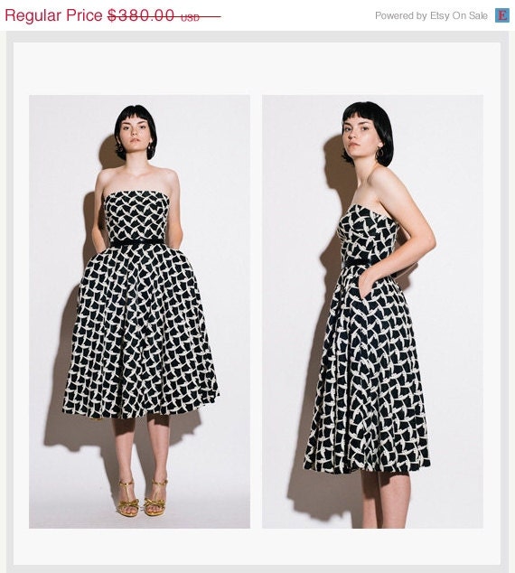 SALE Vintage 1950s Black and White Leaf Embroidered Cocktail Dress