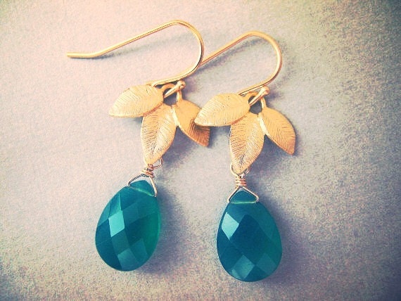 Dangle Earrings, Emerald Green Onyx With Gold Plated Leaves, Bridesmaids Jewelry, Bridal Jewelry