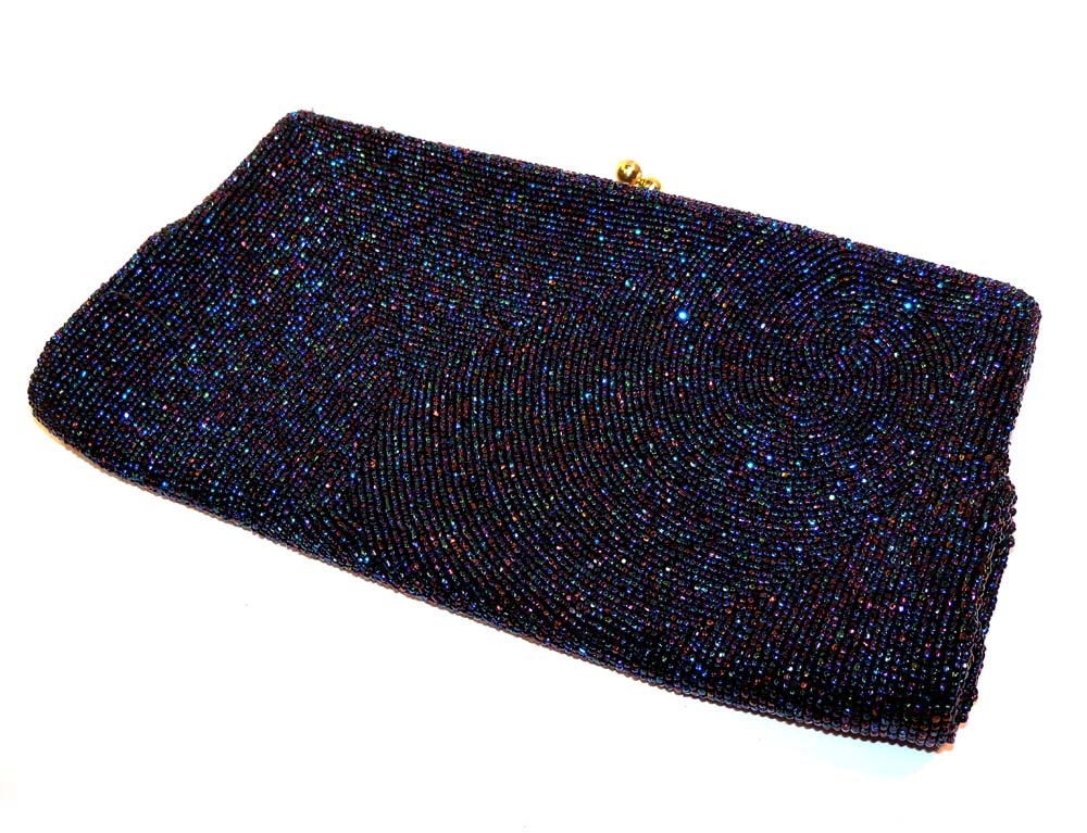 Hollywood GLAM Cobalt Blue Tones Vintage 1940's Glass Bead Clutch Purse Belgium