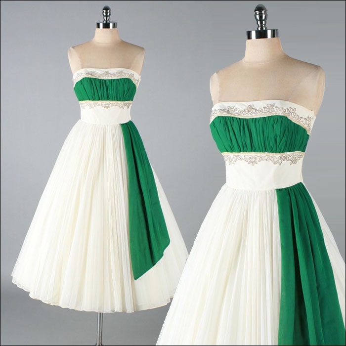 Vintage 1950s Dress . White Green Chiffon . Beaded Strapless . 3202