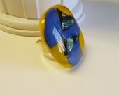 Fused Glass Ring with wide Silver Adjustable Band