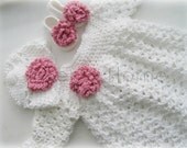0-3 months Baby Girl Long Sleeve Dress in Cotton, Shoes and Beanie Hat set in White and Pink Rose