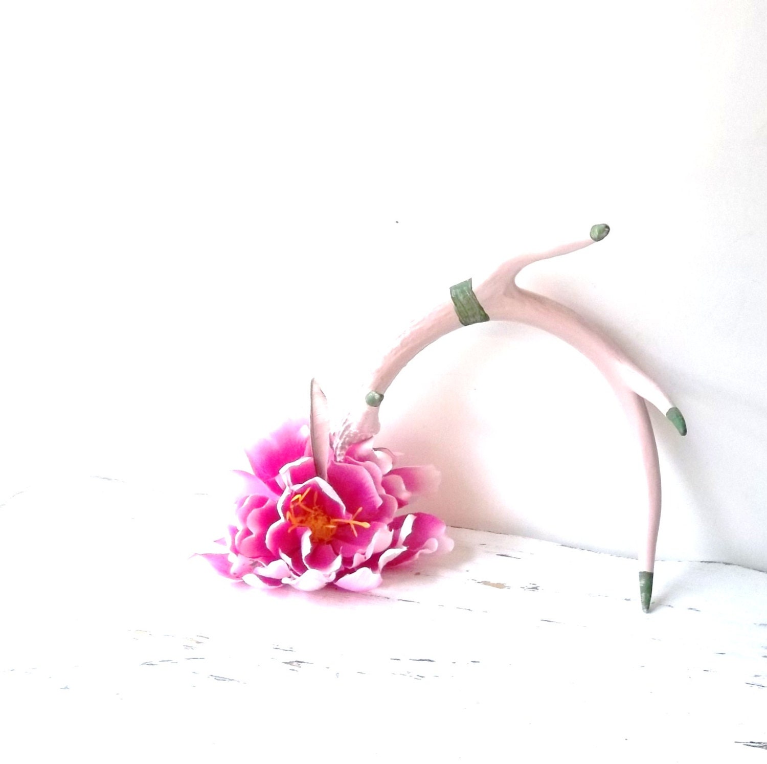 Painted Deer Antler Sculpture. Mixed Media Art. Woodland Peonie, Shabby Chic Cottage