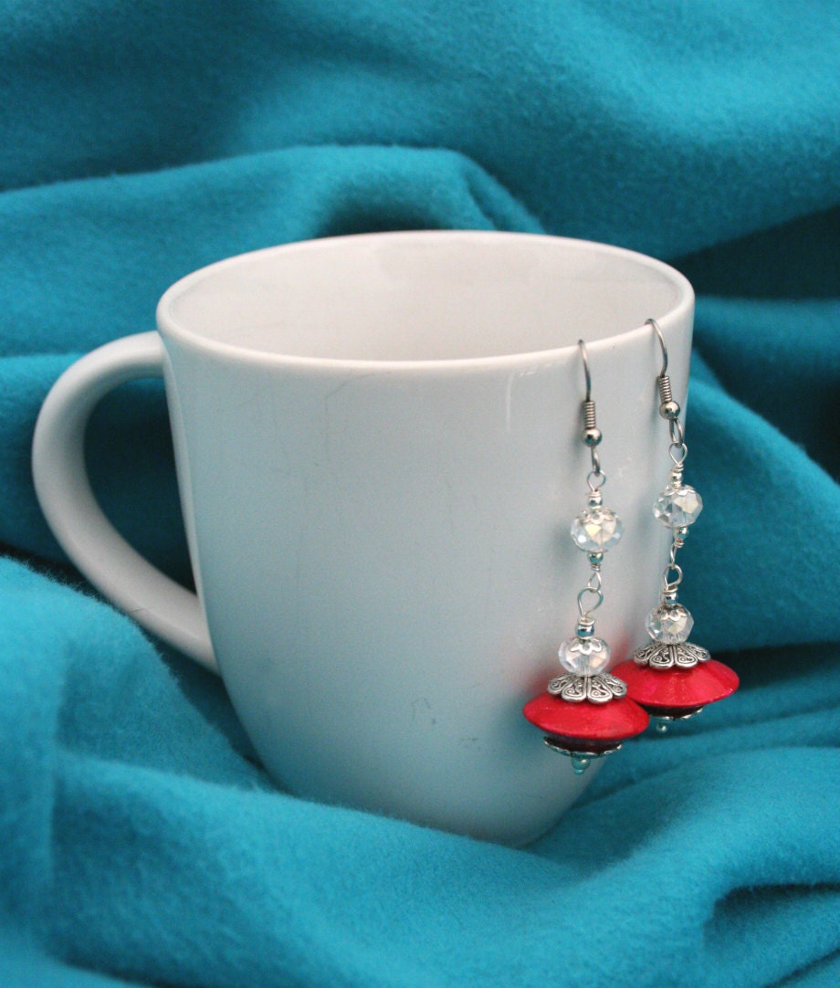 Flying Saucer Earrings Long Cherry Red