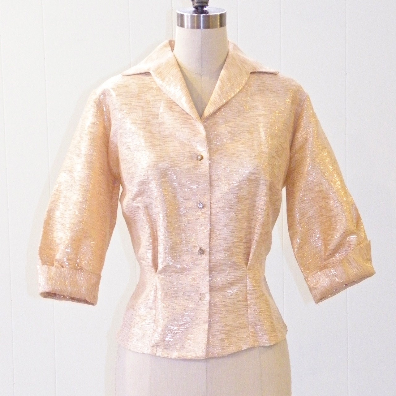Vintage Gold Blouse, 1950s Metallic Gold Lurex PinUp Top, Jubilee New York, VLV Bombshell Hourglass Blouse 36 Bust