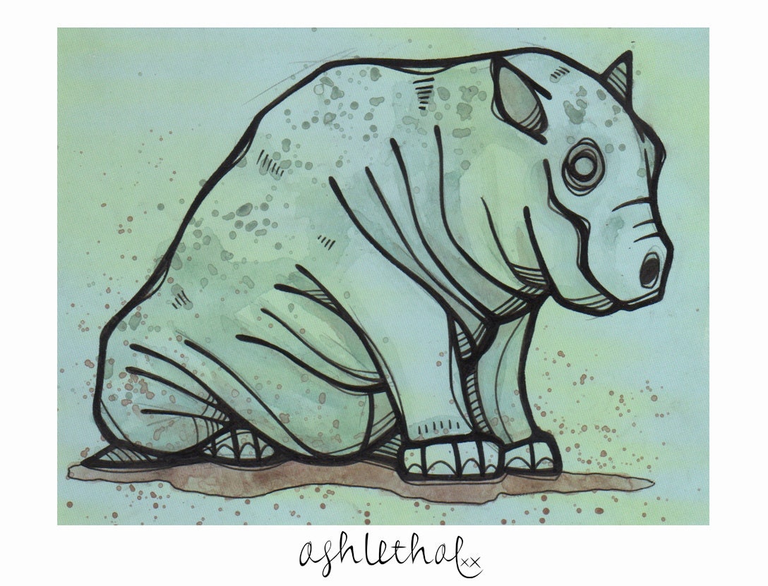 Hippay - Original Mini Ink & Watercolor Drawing on Card Stock Paper