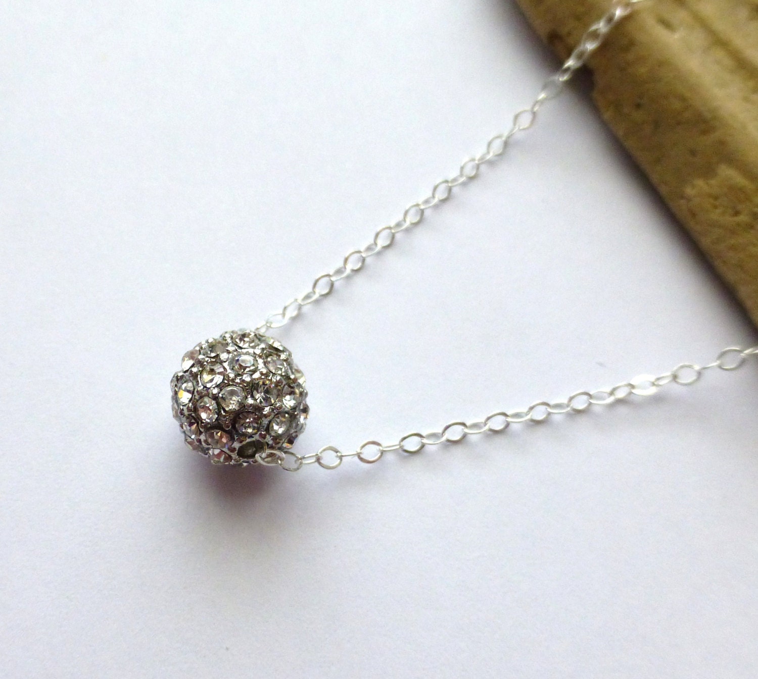 Rhinestone Pave Necklace, Clear Rhinestone Ball Crystal, Sterling Silver Necklace, Gift for Her, Bridal Necklace