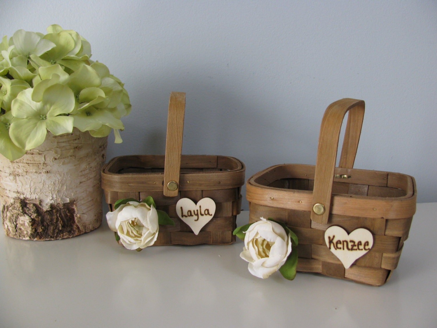 Rustic Woven Wood Flower Girl Baskets SAVE on Set of 2 with Wood or Chalkboard Tag and Your Choice of Flowers Personalized Flower Girl
