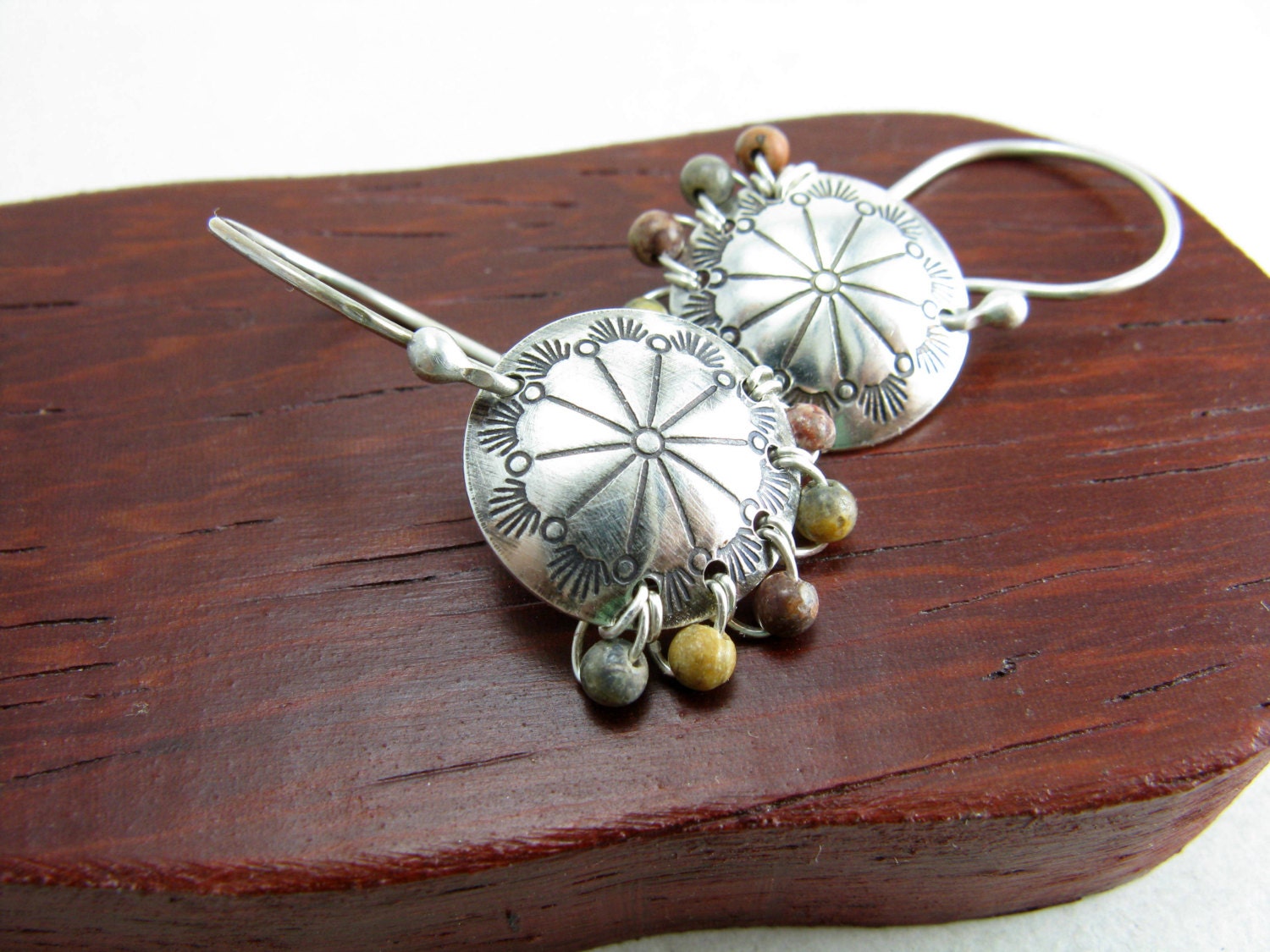 Sterling Silver Earthy Style Western Floral Earrings Small Wire Wrapped Gemstone Dangle Earrings