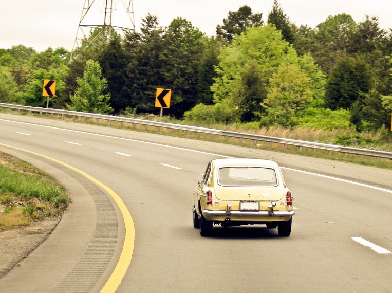 Vintage car Photography MG mgc gt english motor sport yellow canary road trip 67 red lights highway aged metal Cruisin' fine art photo