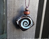 Spiral Energy Swirl Pendant Cosmic Vortex Free Spirit Earth Keeper Talisman Ceramic Robin's Egg, Aquamarine Blue Dark Brown Clay