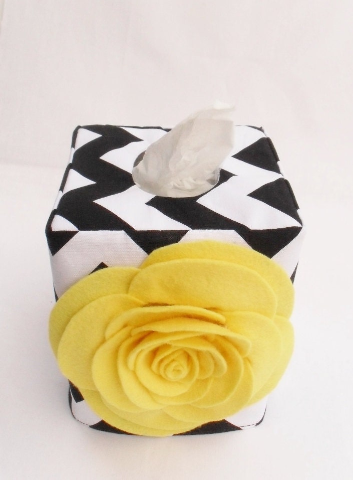 Yellow rose black and white chevron tissue box cover