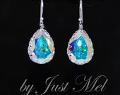Wedding, Bridesmaid, Bridal Jewelry - Sterling Silver Earring Hook with Swarovski Clear Aurora Borealis (AB) Teardrop Crystal (E517)