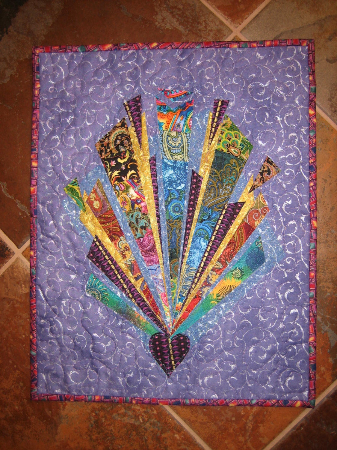 Art Quilt Art Deco Purple Blue And Orange Paisley Wall Hanging