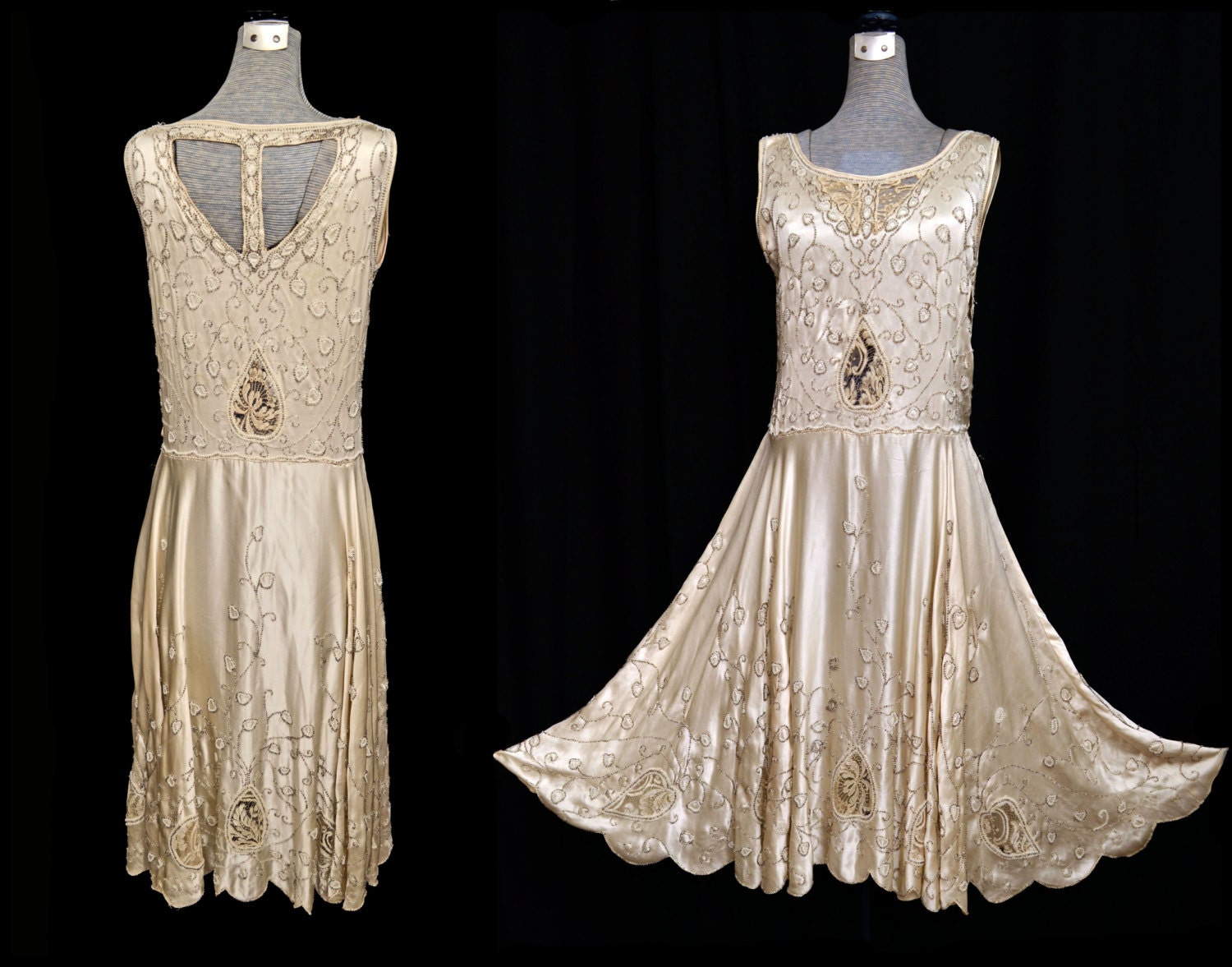Vintage 20s Dress // 1920s Beaded Dress // 20s Flapper Dress // Ivory Champagne Silk Wedding Dress // Heavily Beaded