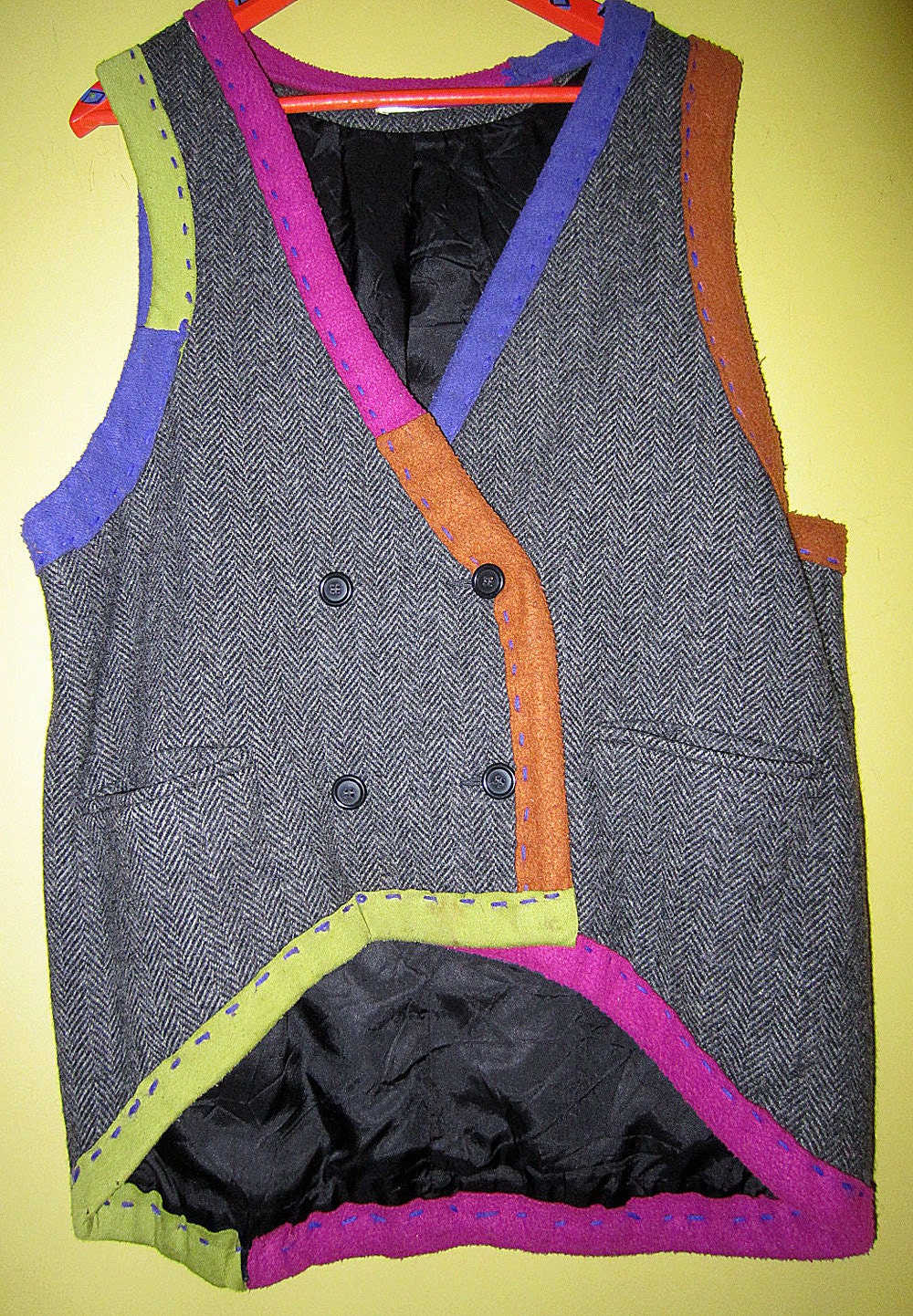 Wool Tweed upcycled Hand sewn vest circa 1995 fits med Lg Xl