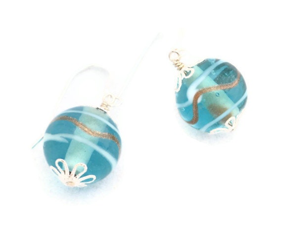 Lampwork Earrings Blue White Copper