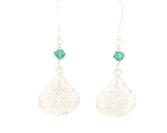 Emerald Green swarovski crystal and silver filigree chandelier earrings
