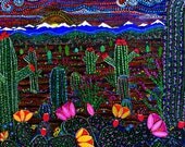 Dot Art Desert in the Spring Prickly Pear cactus sunset mountains