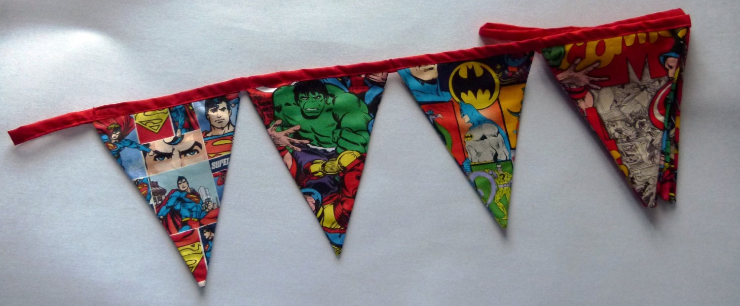 6  Reusable Fabric Bunting / Flags / Pennants Superheros comic book captain america superman hulk spiderman