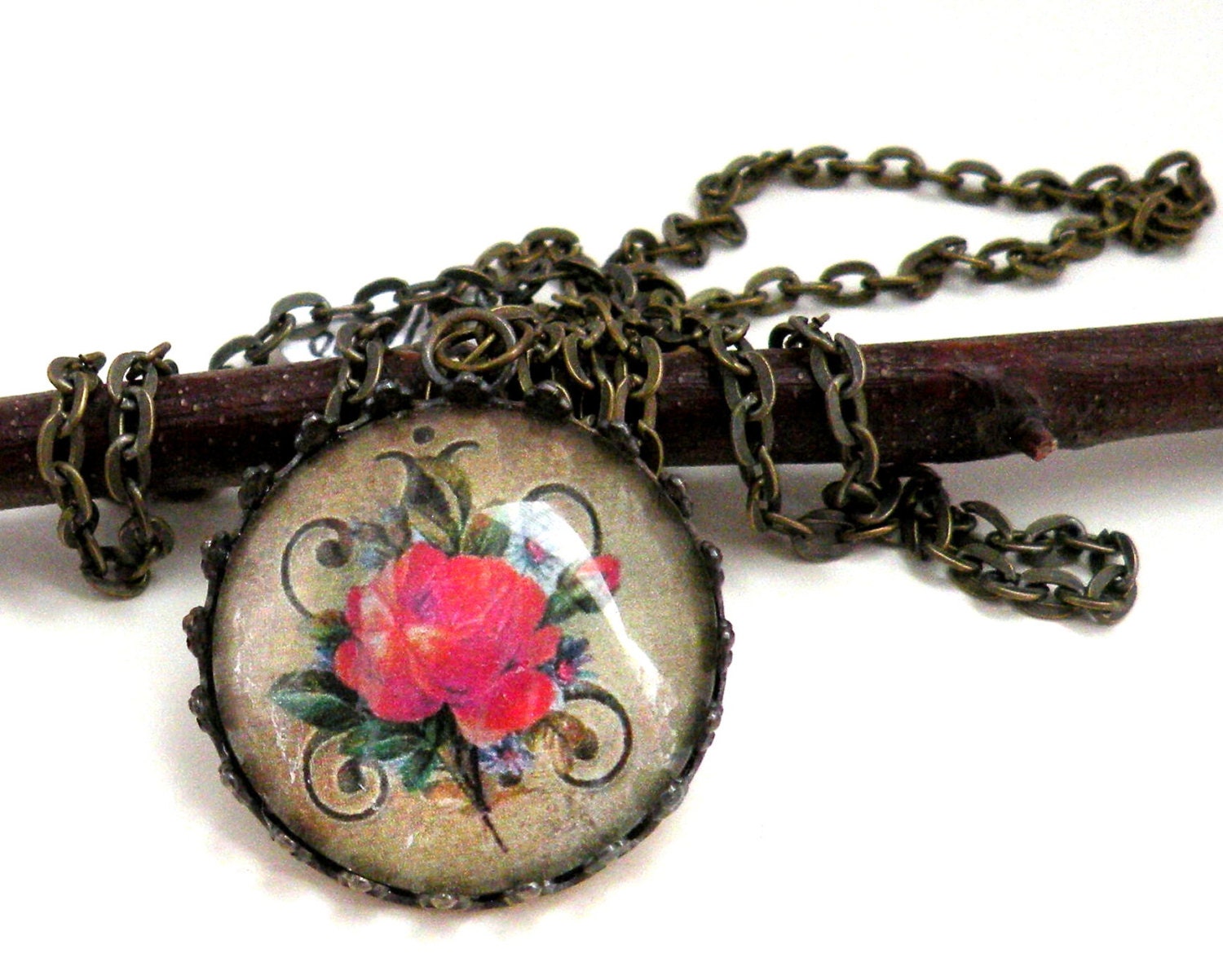 Rose Pendant Long Necklace Vintage Style Jewelry Lobster Clasp