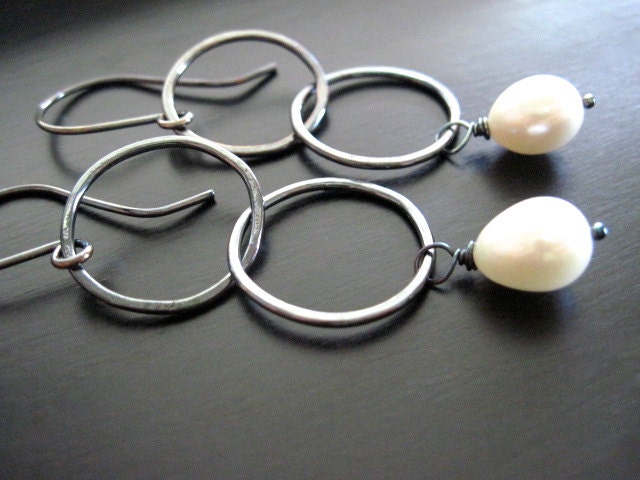 Oxidized Sterling Silver Freshwater Pearl Earrings,Textured, Rustic