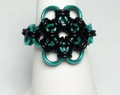 Chainmaille Ring- Rubber Bloom- Chainmaille with rubber- Seafoam/Black