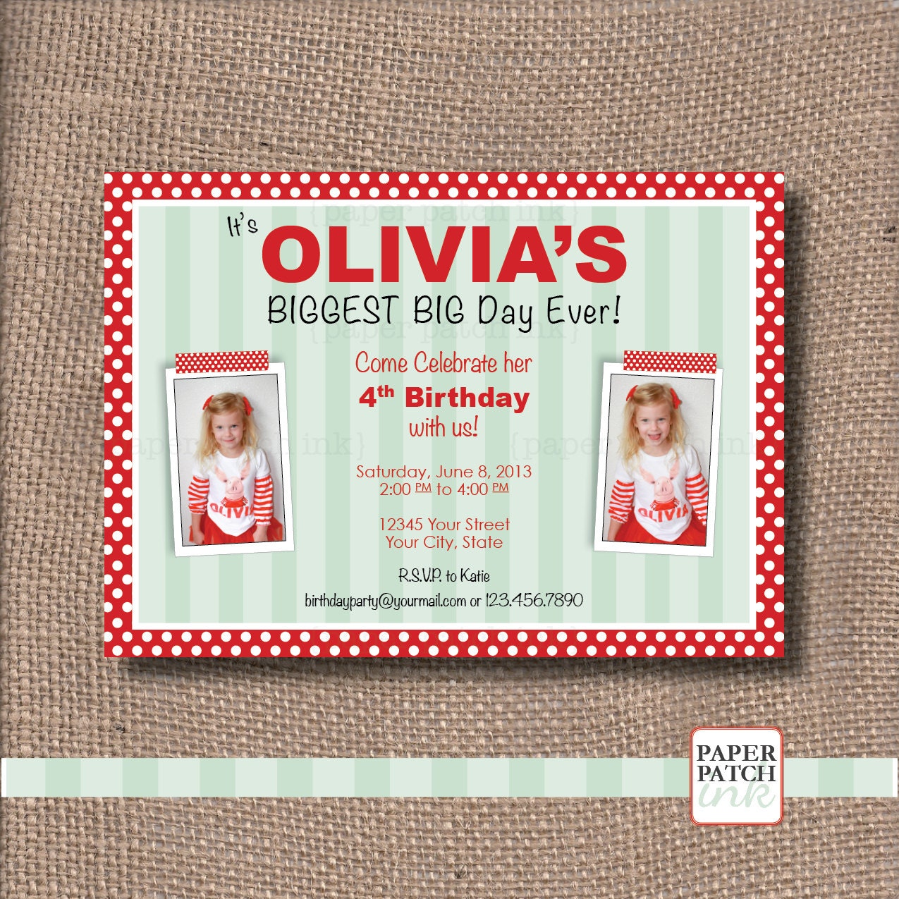Olivia the Pig Inspired Birthday Invitation - Two Photos - Printable 5x7 jpeg image - DIY Girl