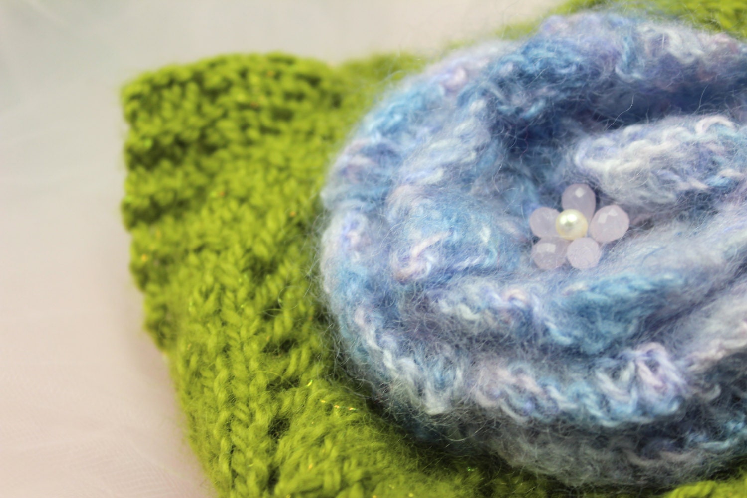 Handmade knit flower Brooch embellished with pink quartz & water pearl wool blend in marble blue