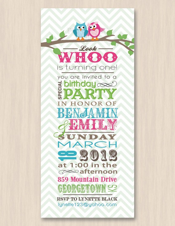TWIN OWL Birthday Party Printable Invitation in Teal and Pink