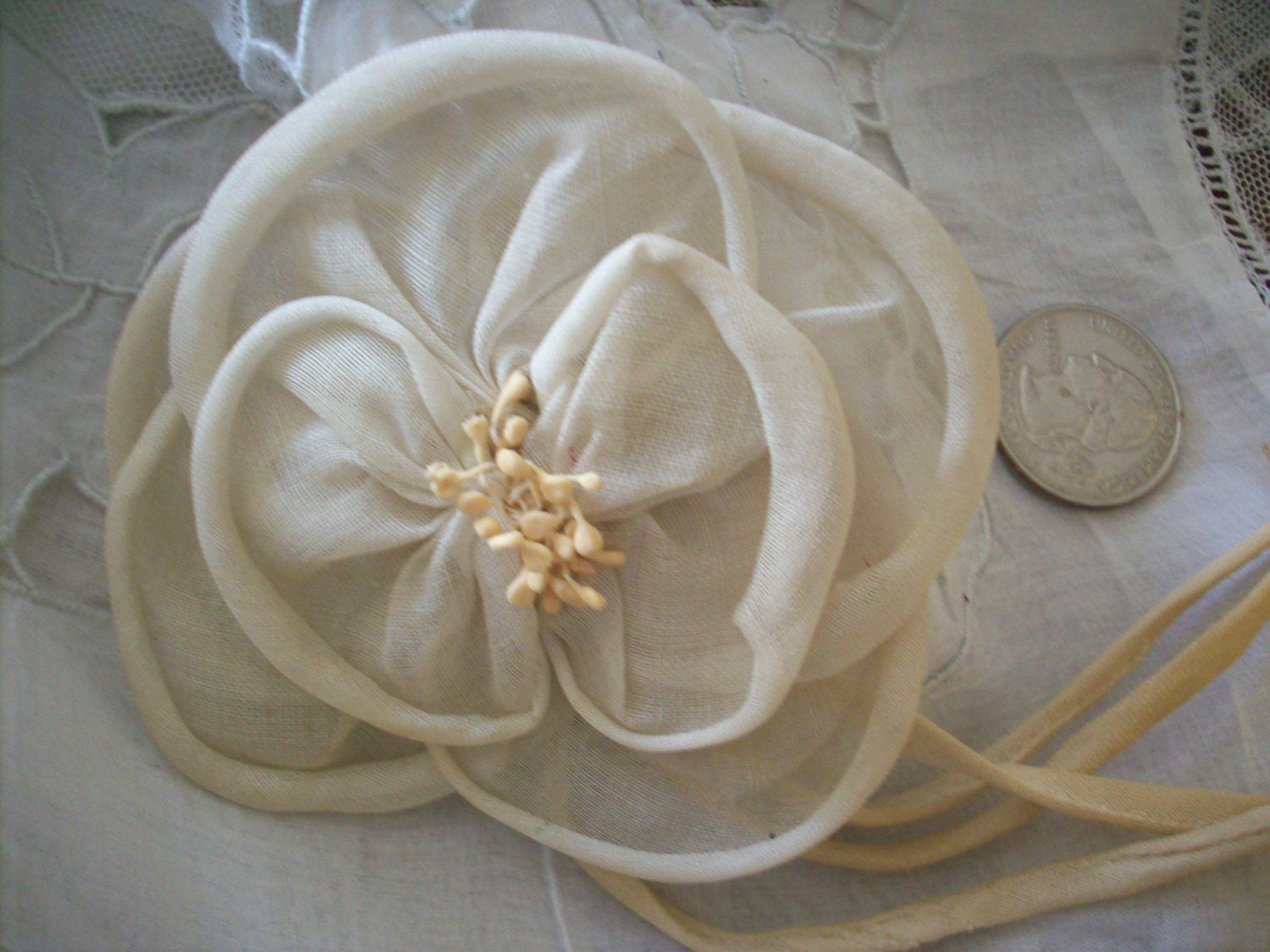 Lovely pale ivory silk sheer ribbon work flower