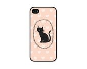 Cat Love iPhone 4 Case - Plastic iPhone 4 Cover - iPhone 4 Skin - Pink Black Peach Heart Valentines - Valentines Day Cat iPhone Case