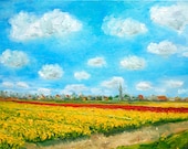 Dutch Landscape Daffodils and Tulips Hillegom painting original by Nancy van den Boom 30 x 40 cm
